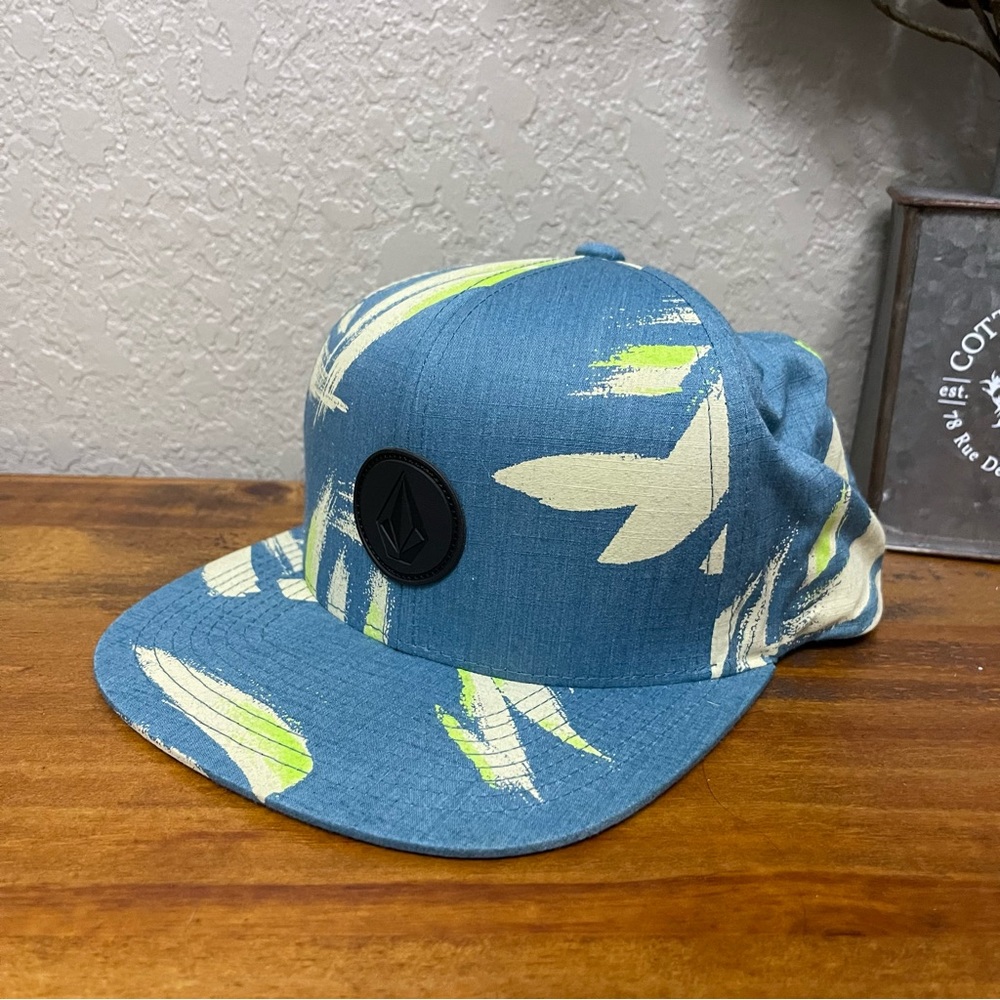 Volcom Blue Floral Snapback Hat with Cream and Lime Accents